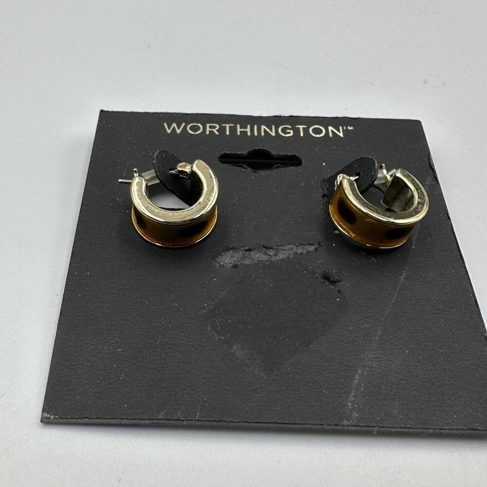 3/$30 Worthington Earrings Hoop Gold Brown Print Small 0.5" Pierced Minimalist